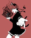  animal_ears black_eyes bow braid cat_ears cat_tail extra_ears foreshortening hair_bow kaenbyou_rin looking_at_viewer monochrome morochin_(mo_loss_an) multiple_tails open_mouth pointing red_hair short_hair simple_background skull smile solo tail touhou twin_braids 