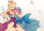  blonde_hair bow breasts bug butterfly cherry_blossoms dress elbow_gloves gloves hair_bow hat hug insect japanese_clothes long_hair multiple_girls open_mouth petals pink_eyes pink_hair purple_eyes ribbon saigyouji_yuyuko short_hair small_breasts smile touhou triangular_headpiece watase_rei yakumo_yukari 