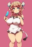  animal_ears bad_id bad_pixiv_id bare_shoulders belly braid breasts brown_hair checkered checkered_panties cow_ears cow_horns cow_tail food green_eyes hair_over_shoulder horns large_breasts long_hair original panties pink_background plump popsicle simple_background solo tail thick_thighs thighs twin_braids underwear zako_(arvinry) 