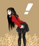  1girl :o amagi_yukiko aran_sweater ass black_eyes black_hair blush breasts cardigan flower from_behind hairband hand_on_ass long_hair looking_back md5_mismatch monolio pantyhose persona persona_4 school_uniform serafuku small_breasts solo surprised sweater 