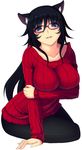  animal_ears arm_support black_hair black_legwear blue_eyes blush breast_hold breasts cat_ears glasses highres impossible_clothes impossible_shirt kisaragi_yakumo large_breasts long_hair original pantyhose parted_lips red-framed_eyewear shirt solo sweater 