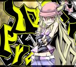  beanie belt blonde_hair contemporary fang graffiti hat highres horns ibuki_suika long_hair paint_can pink_eyes smile solo tamahana touhou 