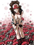  baseball_cap bent_over blue_eyes boots breasts brown_hair cleavage denim denim_shorts downblouse fingerless_gloves ganassa gloves grin hands_on_thighs hat long_hair medium_breasts no_bra poke_ball pokemon pokemon_(game) pokemon_bw ponytail shorts single_glove smile solo too_many touko_(pokemon) vest 