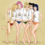  barefoot black_hair black_panties blonde_hair blue_eyes blue_panties brown_eyes double_bun green_eyes green_panties group_hug hair_over_one_eye haruno_sakura hug hyuuga_hinata multiple_girls naruto naruto_(series) naruto_shippuuden naval orange_panties panties photo pink_hair print_panties quad_tails red_panties shirt suxius temari tenten underwear yamanaka_ino 