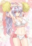  alternate_costume alternate_hairstyle armpits arms_up bow breasts cameltoe cheerleader cleavage covered_nipples fujiwara_no_mokou hair_bow large_breasts long_hair midriff navel pom_poms ponytail red_eyes sibata silver_hair solo touhou 