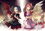  angel_wings bat_wings blue_hair bow copyright_request dress drill_hair feathers fence flower hair_bow hair_ornament hairclip multiple_girls petals pink_hair purple_eyes red_eyes ribbon rifsom short_hair single_wing wings 