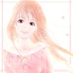  akira_(me-hikari) bare_shoulders body_blush border brown_hair collarbone eyelashes flat_chest head_tilt lace light_particles light_smile long_hair looking_at_viewer off_shoulder original pale_color petals pink_eyes ribbon solo upper_body wind 