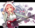  breasts character_name clenched_hand electric_guitar guitar headphones hood hoodie instrument jewelry lvans medium_breasts necklace nitroplus open_mouth pink_eyes pink_hair red_eyes smile solo super_sonico upper_body 
