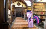  bench big_smile book brick crest door equine female feral friendship_is_magic hallway happy hogwarts? horn library mammal mixed_media my_little_pony photo_background pillar realistc_background shelves shield sky smile solo twilight_sparkle_(mlp) unicorn window 