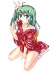  ahoge bad_id bad_pixiv_id blue_eyes breasts bunny candy cleavage food green_hair hair_ornament japanese_clothes kimono licking medium_breasts off_shoulder original peach_(momozen) simple_background sitting solo tabi wariza white_background 