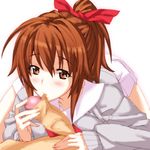  asaka_hinata biting blush bow brown_eyes brown_hair cardigan censored fellatio foreskin foreskin_biting foreskin_pull hair_ribbon handjob hetero jewelpet_(series) jewelpet_sunshine mosaic_censoring oral penis ponytail ribbon school_uniform skirt solo_focus takamura_wamu 