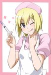  ;q blonde_hair blue_eyes blush border erica_hartmann hat looking_at_viewer nurse nurse_cap one_eye_closed pinky_out short_hair smile solo strike_witches syringe tongue tongue_out upper_body world_witches_series youkan 