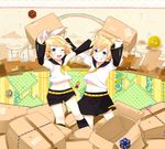  1girl aqua_eyes bad_id bad_pixiv_id blonde_hair blue_eyes box brother_and_sister cardboard_box grin hair_ornament hair_ribbon hairclip highres kagamine_len kagamine_rin midriff navel one_eye_closed open_mouth ribbon short_hair shorts siblings smile sun twins ume_(plumblossom) vocaloid 