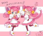  1girl animal_ears bells boots cat_ears dual_persona fang gloves green_eyes high_heel_boots high_heels mad_mew_mew magical_girl pink_hair undertale white_boots white_gloves 