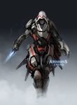  armor assassin's_creed_(series) assassin's_creed_ii dark_skin dark_skinned_male full_armor gradient highres hood knife male_focus mechanization prog_wang red_eyes science_fiction solo weapon 