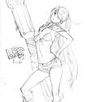 66head bikini_top black_rock_shooter black_rock_shooter_(character) flat_chest greyscale hair_over_one_eye huge_weapon long_hair monochrome shorts sketch solo twintails weapon 