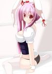  animal_ears ass bad_id bad_pixiv_id black_panties breasts bunny_ears bunny_tail chimunge corset hair_in_mouth highres large_breasts long_hair no_pants panties purple_hair red_eyes reisen_udongein_inaba sitting solo tail thighhighs touhou underwear very_long_hair wariza white_legwear 
