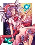  arm_up ascot bad_id bad_pixiv_id bat_wings brooch energy_ball error hat hat_ribbon highres jewelry light_particles looking_at_viewer midriff mizuki_(ekakichan) open_mouth pointy_ears purple_eyes purple_hair remilia_scarlet revision ribbon shirt short_hair skirt skirt_set solo star torn_wings touhou upskirt wings wrist_cuffs 