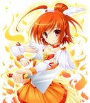  amane_(funfun) bow bowtie brooch choker cure_sunny eyelashes fiery_background fire gloves hair_bun hino_akane_(smile_precure!) jewelry magical_girl orange_(color) orange_choker orange_hair orange_neckwear orange_skirt precure red_eyes short_hair skirt smile smile_precure! solo spatula 