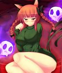  alternate_costume animal_ears bare_legs blush braid breasts cat_ears cat_tail green_shirt highres kaenbyou_rin large_breasts multiple_tails naked_sweater naughty_face nitoridio paw_pose red_eyes red_hair ribbed_sweater shirt sitting skull smile solo sweater tail touhou twin_braids 