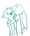  2018 anon anthro blush clothed clothing duo eyes_closed fuel_(artist) green_and_white hug lagomorph male mammal monochrome mustelid oliver_(fuel) otter rabbit simple_background white_background 