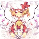  ascot blonde_hair bug butterfly fang flandre_scarlet hat insect ogipote petals red_eyes short_hair side_ponytail sitting skull solo touhou wariza wings wrist_cuffs 