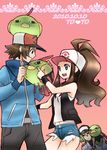  2boys animal animal_on_head baseball_cap blue_eyes brown_eyes brown_hair denim denim_shorts gen_2_pokemon green_hair hanahasu hat height_difference highres holding holding_pokemon jacket long_hair multiple_boys n_(pokemon) natu on_head pink_background pokemon pokemon_(creature) pokemon_(game) pokemon_bw pokemon_on_head ponytail pun shorts touko_(pokemon) touya_(pokemon) vest wristband xatu 