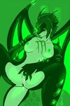  anus breasts dragon female fingering green_background green_theme looking_at_viewer masturbation nipples nude plain_background pussy pussy_juice shariea solo spikes wings 