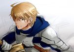  ahoge armor arthur_pendragon_(fate) blonde_hair excalibur fate/prototype fate_(series) green_eyes grey_background hetareko male_focus solo sword weapon 