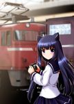  animal_ears black_hair blue_eyes camera cat_ears copyright_request ground_vehicle long_hair looking_at_viewer looking_back pantograph school_uniform serafuku skirt sky smile solo train train_station yamaguchi_yuu 