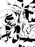  bow dress explosion eyes fangs gloves greyscale grin hand_in_pocket hand_on_headwear hashigaya hat high_contrast mechanical_arms monochrome peacock_(skullgirls) ribbon shaded_face sharp_teeth short_hair skullgirls smile teeth top_hat 