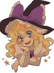  alternate_eye_color blonde_hair blue_eyes bow chin_rest hat hat_bow kirisame_marisa long_sleeves namisaki_yuka smile solo star touhou witch_hat 