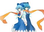  alternate_costume back-to-back blue_eyes blue_hair bow cirno cirno-nee crossed_arms dress dual_persona hair_bow ice ice_wings moe-e-ko multiple_girls ribbon scarf short_hair touhou wings 