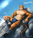  abs anthro biceps big_muscles blue_eyes blue_sky blush boots covering covering_self detailed feline fur hat hindpaw male mammal multicolor_fur muscles nails naturally_censored navel nude null-ghost orange_fur paws pecs pose rock seductive senko sitting sky solo splash stripes summer tiger two_tone_fur vein water white_nails 
