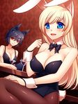  animal_ears bare_shoulders black_hair blonde_hair blue_eyes blush bow bowtie breasts bunny_ears bunny_girl bunny_tail bunnysuit cleavage crossed_arms cup detached_collar dog_ears dog_tail konshin large_breasts long_hair multiple_girls original pantyhose red_eyes short_hair smile tail wolf_ears wrist_cuffs 