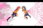  aqua_hair bad_id bad_pixiv_id hair_over_one_eye inazuma_eleven_(series) inazuma_eleven_go jumping kariya_masaki kirino_ranmaru male_focus multiple_boys pink_hair pulling shorts soccer_uniform sportswear twintails yellow_eyes yuzudaze 