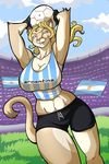  argentina big_breasts blonde_hair blue_eyes breasts cleavage clothed clothing cougar feline female flag grass hair jaeh long_hair looking_at_viewer mammal midriff smile soccer solo sport stadium standing thighs voluptuous wide_hips 