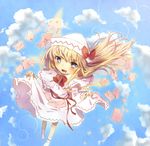  bad_id bad_pixiv_id blonde_hair blue_eyes blush cloud day dress envelope flying hat lily_white long_hair sky solo tepes touhou 
