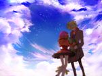  1girl 28choco aquarion_(series) aquarion_evol bad_id bad_pixiv_id blonde_hair coat doll dress gradient_hair jin_musou multicolored_hair orange_hair purple_hair short_hair sky stuffed_animal stuffed_toy tama_(aquarion) yunoha_thrul 