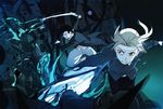  action bandaged_head bandages battle black_hair black_pants black_sclera blade blonde_hair blood clenched_teeth closed_eyes collared_shirt dark dress_shirt edward_elric envy_(fma) floating_hair fullmetal_alchemist giant holding holding_sword holding_weapon ling_yao liquid long_hair long_sleeves low_ponytail lychi monster motion_blur multiple_boys open_mouth outstretched_arm outstretched_arms pants profile sash shirt short_sword stabbing sword teeth weapon white_pants yellow_eyes 