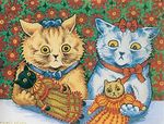  black_fur bow brown_fur cat couple doll dolls dress duo feline female feral flower fur hair_bow holding looking_at_viewer louis_wain mammal original proper_art ribbons standing surreal white_fur yellow_eyes 