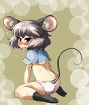 animal_ears bare_back black_legwear blush crying from_behind grey_hair highres mepikari mouse_ears mouse_tail nazrin open_mouth panties red_eyes short_hair sitting solo tail tears touhou underwear wariza white_panties 