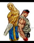  arm_wrap armor back-to-back bald dougi eyepatch headband height_difference japanese_armor kote multiple_boys muscle ryuu_(street_fighter) sagat scar shorts sleeveless steven_mack street_fighter topless 