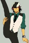  bracelet brown_eyes brown_hair facial_hair jewelry kaburagi_t_kotetsu leg_lift mori-003 necktie ring stubble tiger_&amp;_bunny vest waistcoat watch wedding_band wristwatch 