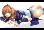  ass bad_id bad_pixiv_id banned_artist brown_eyes brown_hair dead_or_alive japanese_clothes kasumi_(doa) letterboxed long_hair lying on_stomach pelvic_curtain s_tanly simple_background solo 