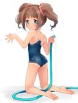  ass bad_id bad_pixiv_id bare_shoulders barefoot blue_eyes brown_hair casual_one-piece_swimsuit feet from_behind full_body hose idolmaster idolmaster_(classic) idolmaster_cinderella_girls kneeling looking_back melompan one-piece_swimsuit plantar_flexion scrunchie simple_background solo swimsuit takatsuki_yayoi twintails wet 