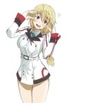  blonde_hair blush breasts carlos_toshiki charlotte_dunois head_tilt infinite_stratos large_breasts long_hair looking_at_viewer open_mouth purple_eyes ribbon school_uniform simple_background solo thighs white_background 