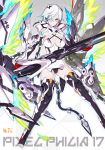  1girl 2d bare_shoulders bodysuit breasts closed_mouth commentary elbow_gloves fire gloves grey_background hair_over_one_eye holding holding_weapon large_breasts long_hair machinery mecha_musume multicolored open_toe_boots original panties revealing_clothes short_hair signature solo thighhighs title underwear weapon white_hair yellow_eyes 