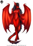  black_hair breasts claws dagger_leonelli dragon female hair horn long_hair long_tail looking_at_viewer navel nude plain_background red_body red_eyes red_skin scalie small_breasts solo thick_tail white_background wings 