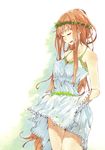  bare_shoulders breasts brown_hair closed_eyes dress dress_lift flower grass hrd large_breasts legs long_hair open_mouth original skirt skirt_basket skirt_lift sleeveless sleeveless_dress solo white_skirt wreath 